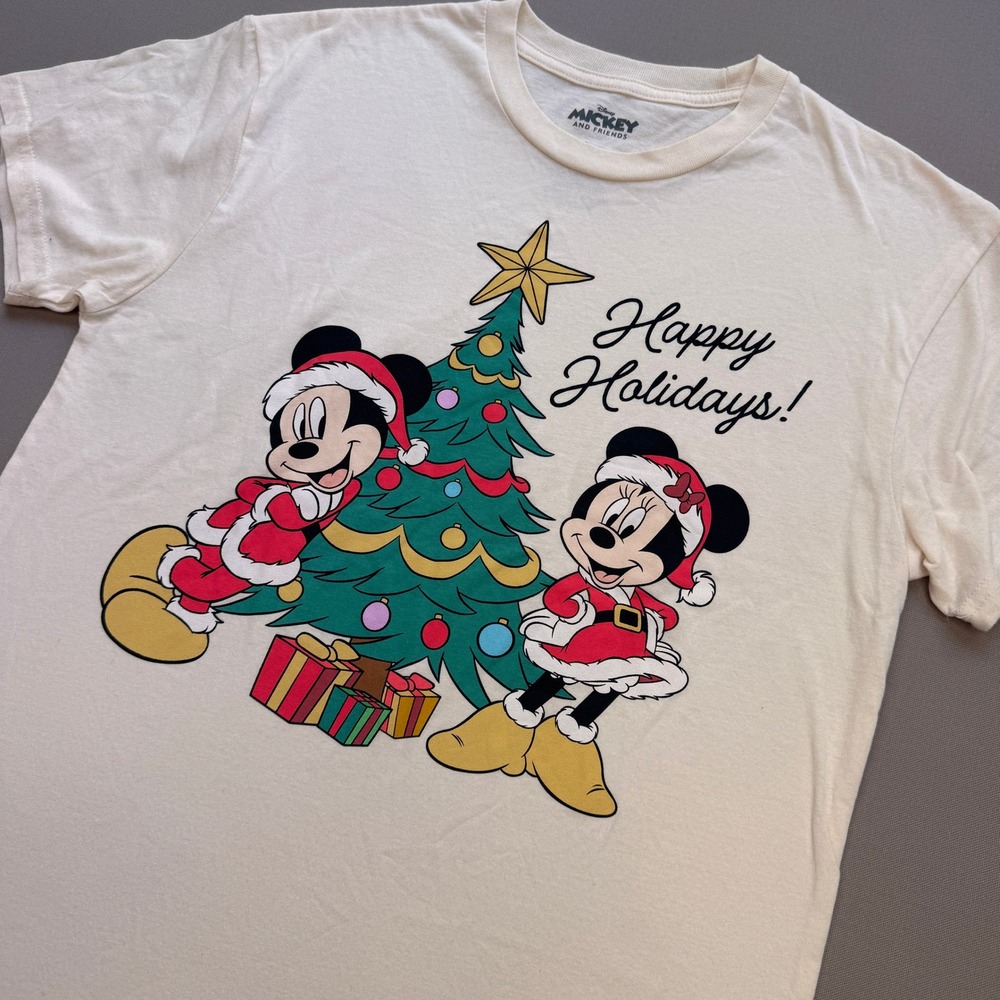 Disney Mickey Minnie Mouse Christmas T-Shirt Cream Happy Holidays Graphic Tee M